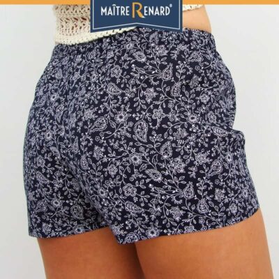Caleçon short femme fleurs fond marine 100 % voile de coton
