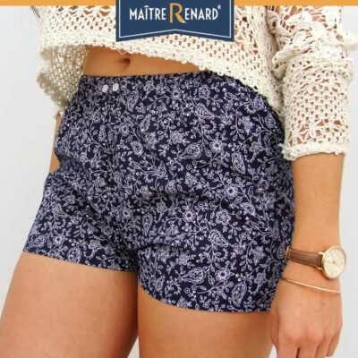 Caleçon short femme fleurs fond marine 100 % voile de coton Caleçon short femme fleurs fond marine 100 % voile de coton