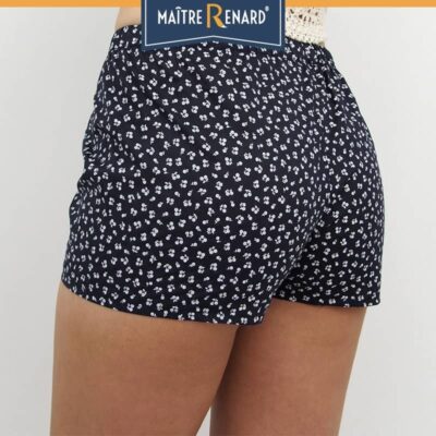 Caleçon femme motifs cerises sur fond voile de coton bleu marine