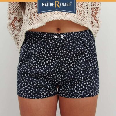 Caleçon femme motifs cerises sur fond voile de coton bleu marine Caleçon femme motifs cerises sur fond voile de coton bleu marine