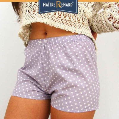 Caleçon femme motifs étoiles blanches fond gris short femme popeline de coton Caleçon femme motifs étoiles blanches fond gris short femme popeline de coton