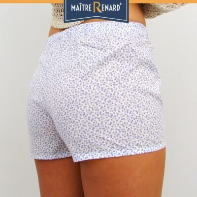 Caleçons femme fleurs bleues sur fond blanc voile de coton