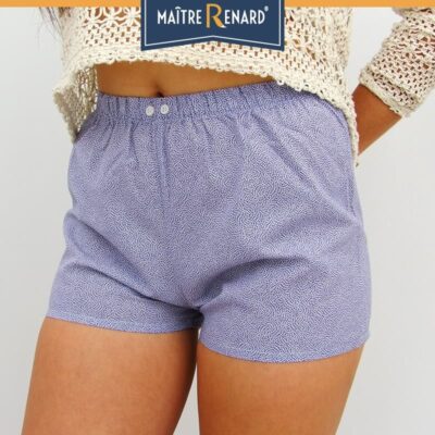 Caleçons femme pétales blancs sur fond bleu en voile de coton Caleçons femme pétales blancs sur fond bleu en voile de coton
