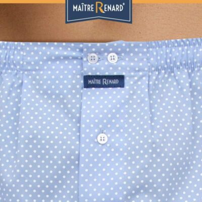 Caleçon homme pois blancs sur fond bleu coupe française popeline 100% coton