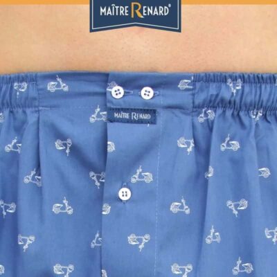 Caleçon homme coupe française classique motifs Vespa fond bleu jeans 100% popeline de coton
