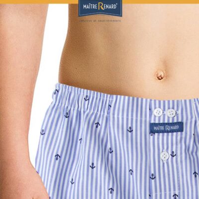 caleçon enfant classique 100% coton popeline, coupe française, motifs ancres marine rayé bleu blanc