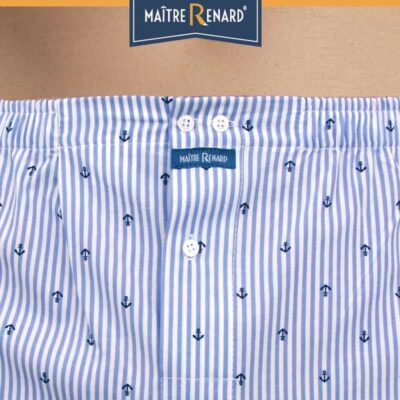 Caleçon homme rayé bleu/blanc avec motif ancres marine coupe française 100% coton
