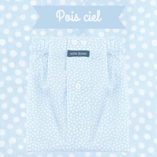 Caleçon homme classique coupe française 100% coton popeline pois blanc fond bleu