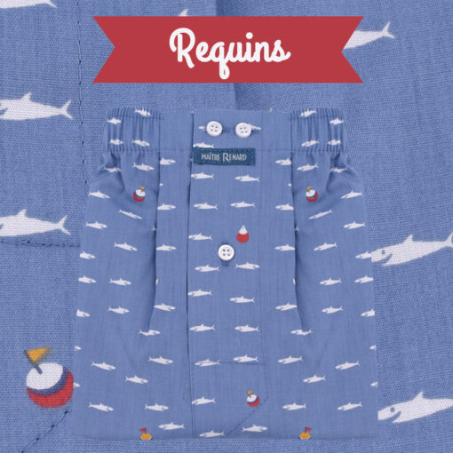 Caleçons homme classique coupe française rayé bleu 100% Coton motifs requins popeline