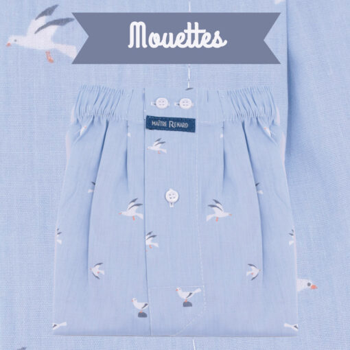 Caleçons homme classique coupe française rayé bleu 100% Coton motifs mouettes popeline