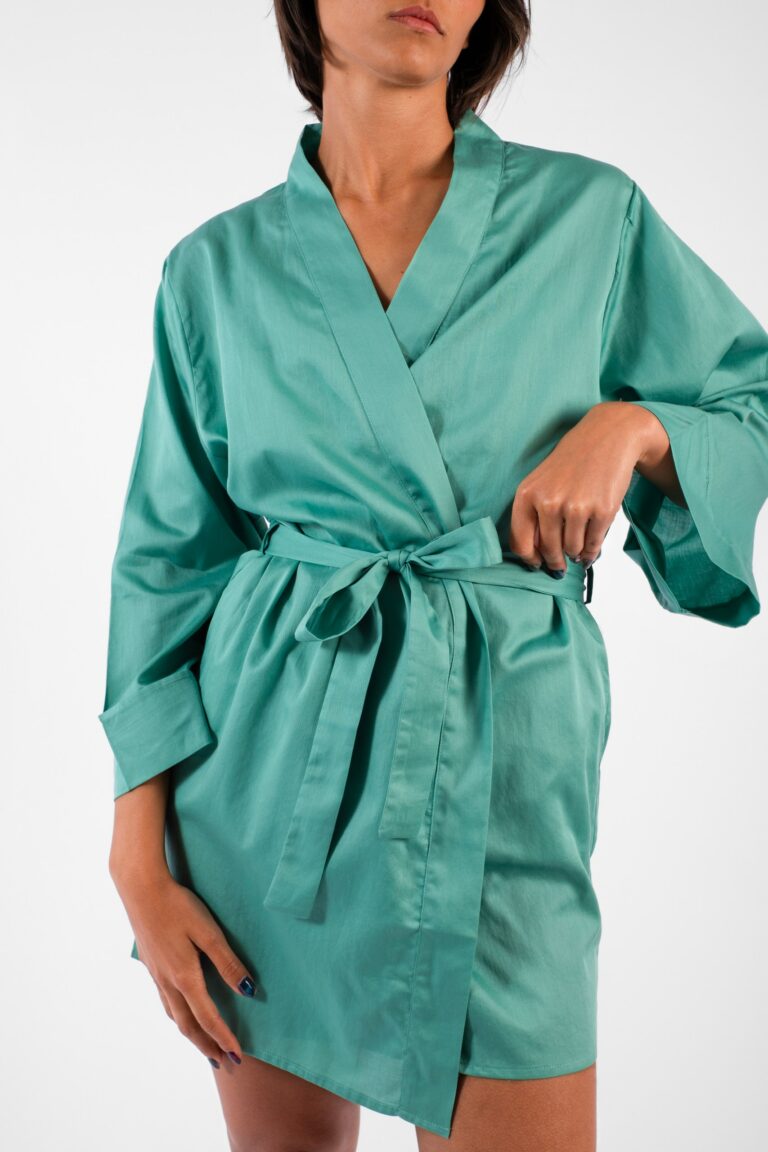 Déshabillé Kimono "Vert uni" en satin de coton