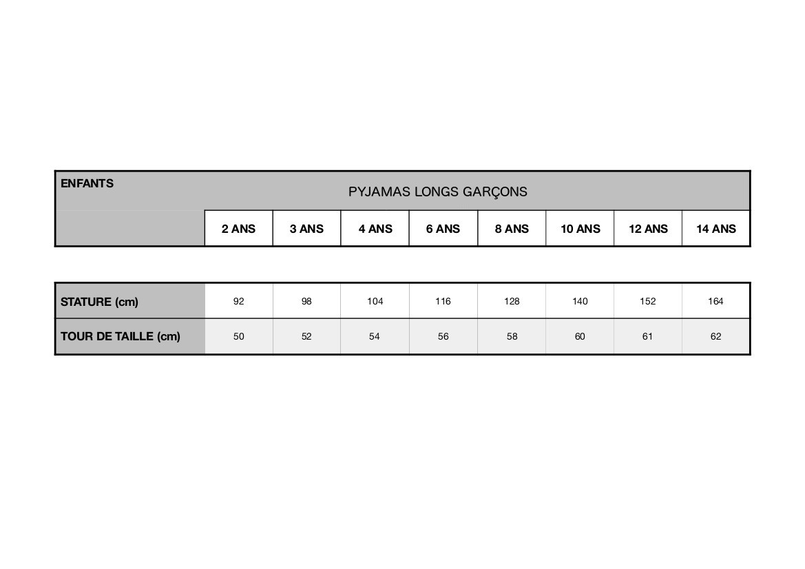 guide taille martin pyjama long garçons
