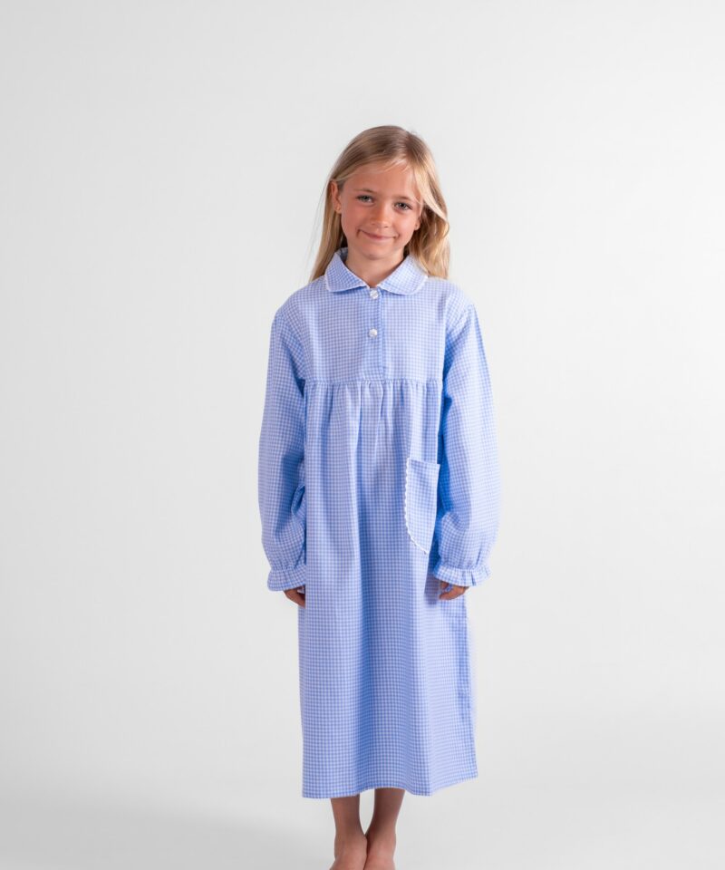 Chemise de nuit manches longues fille – Vichy bleu en pilou flanelle