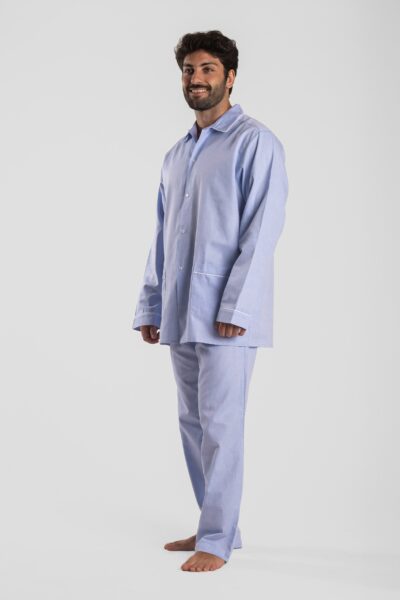 Pyjama homme long deux pièces en oxford de coton uni bleu classique