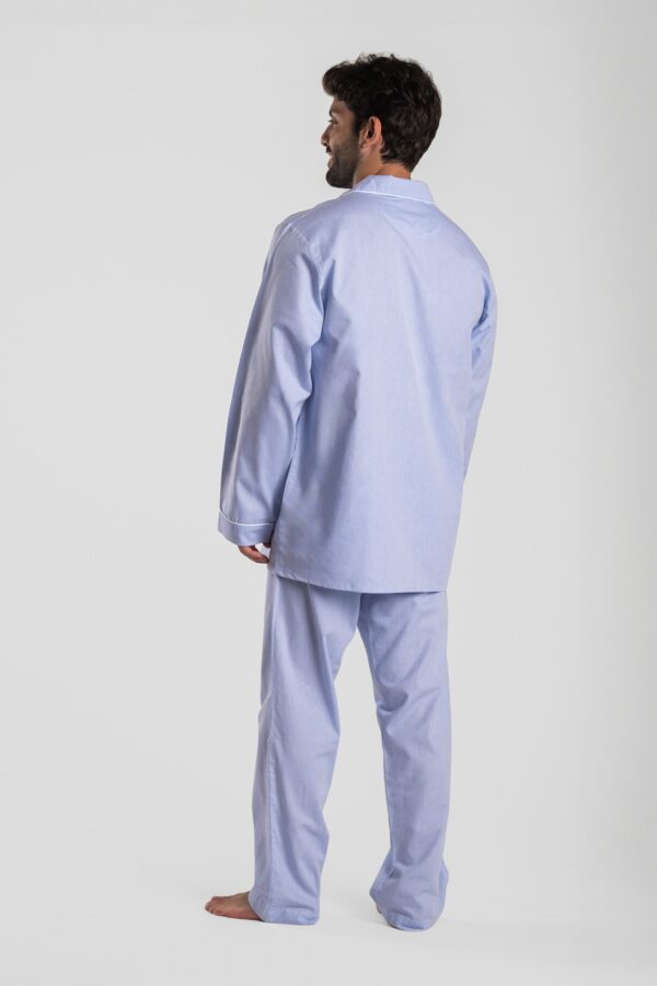 Pyjama homme long deux pièces en oxford de coton uni bleu classique