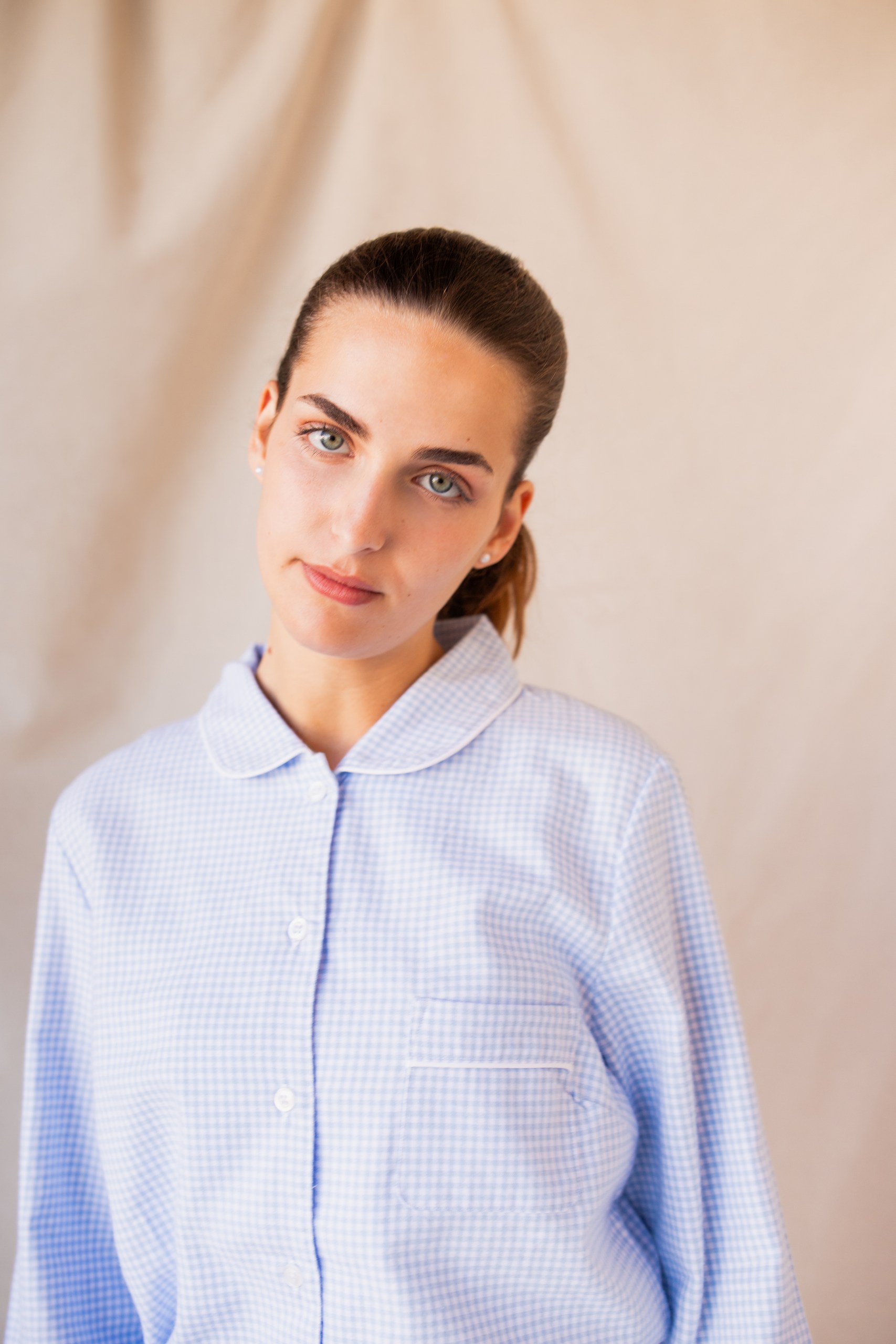 Pyjama long pour femme pilou 100% coton- Fil teint Vichy Bleu hiver