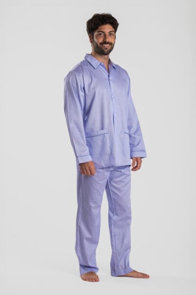 Pyjama homme deux pièces en satin de coton rayure bleu motif dinard