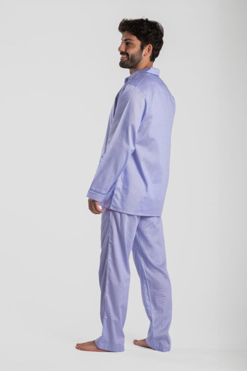 Pyjama homme deux pièces en satin de coton rayure bleu motif dinard