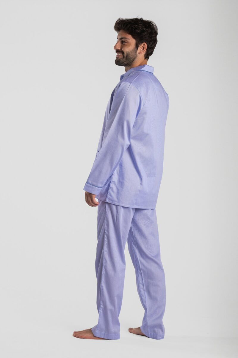 Pyjama homme deux pièces en satin de coton rayure bleu motif dinard