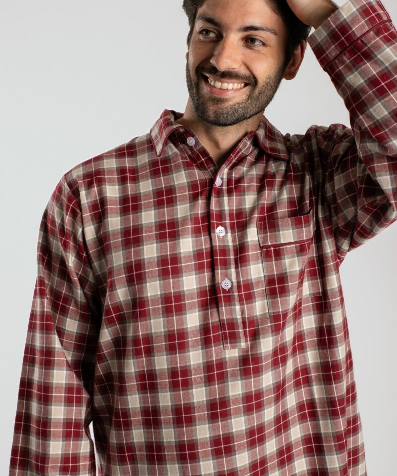 Chemise de nuit homme carreaux rouge/beige en Flanelle de coton (Tissu chaud) - Motif Verbier.