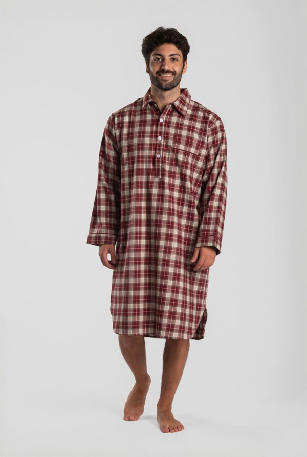 Chemise de nuit homme carreaux rouge/beige en Flanelle de coton (Tissu chaud) - Motif Verbier.