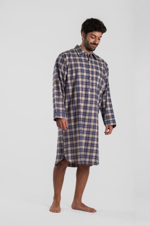 Chemise de nuit homme carreaux bleu/beige en Flanelle de coton (Tissu chaud) - Motif Les Arcs.