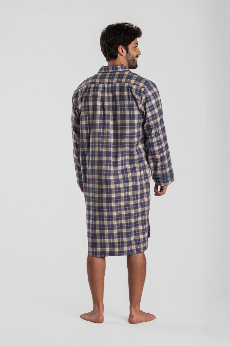 Chemise de nuit homme carreaux bleu/beige en Flanelle de coton (Tissu chaud) - Motif Les Arcs.