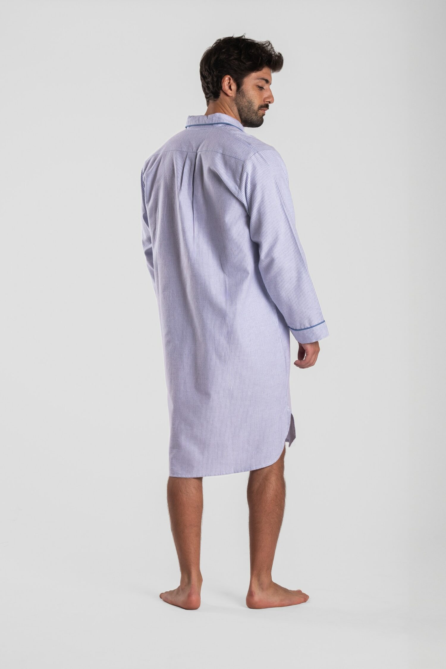 Chemise de nuit homme rayé bleu/blanc en Flanelle de coton (Tissu chaud) - Motif Tignes.