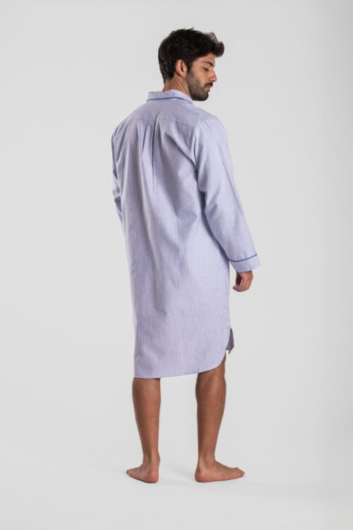 Chemise de nuit homme rayé bleu/blanc en Flanelle de coton (Tissu chaud) - Motif Tignes.