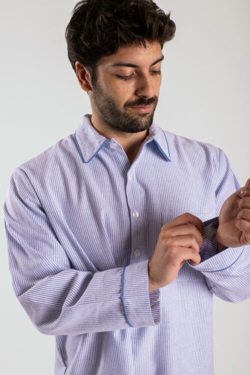 Chemise de nuit homme rayé bleu/blanc en Flanelle de coton (Tissu chaud) - Motif Tignes.