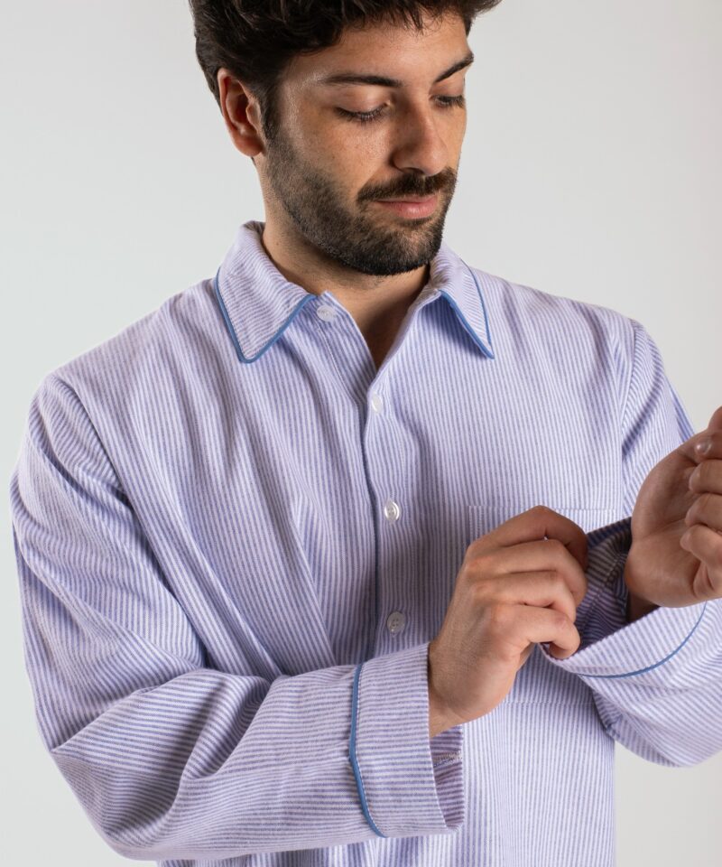 Chemise de nuit homme rayé bleu/blanc en Flanelle de coton (Tissu chaud) - Motif Tignes.