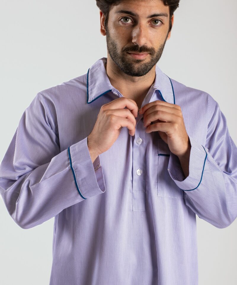 Chemise de nuit homme rayé bleu/blanc en satin de coton. Rayure Portofino