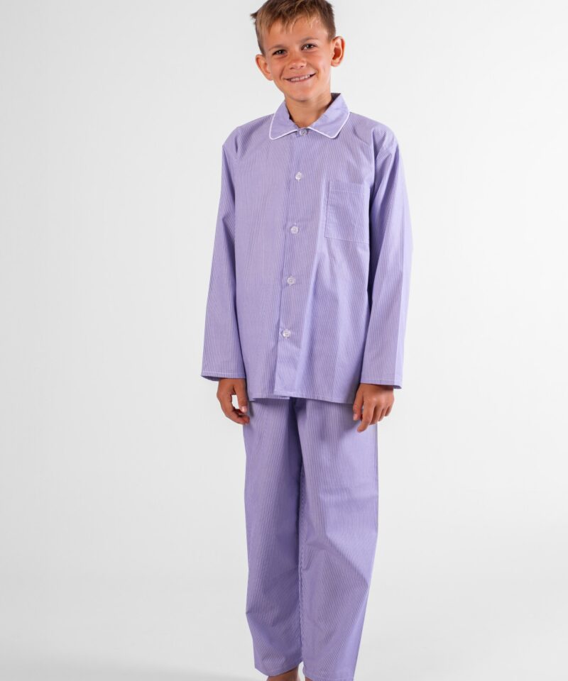 pyjama enfant boutonné chemise pantalon rayé bleu popeline de coton