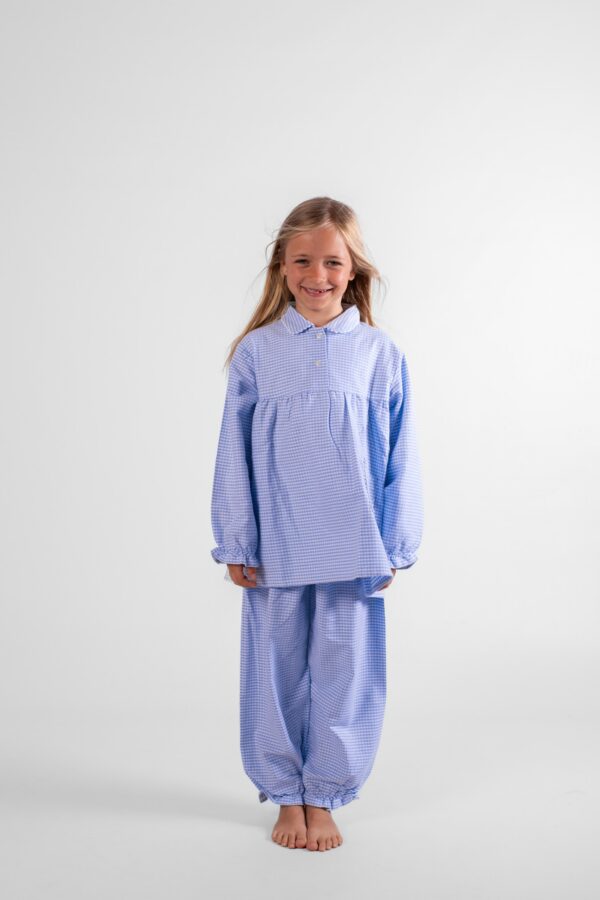 pyjama fille pilou vichy bleu petit carreaux bleu en flanelle de coton