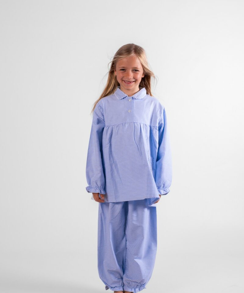 pyjama fille pilou vichy bleu petit carreaux bleu en flanelle de coton