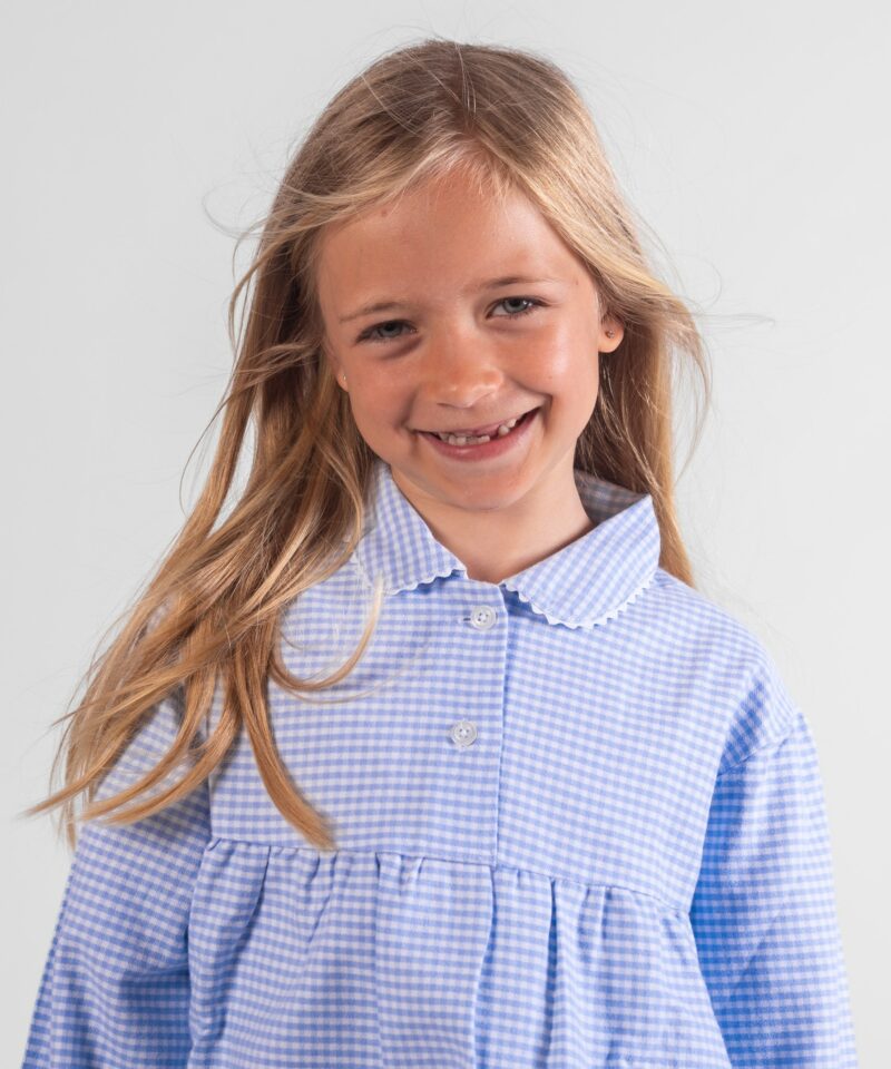 pyjama fille pilou vichy bleu petit carreaux bleu en flanelle de coton