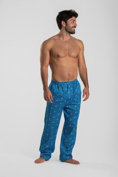 Pantalon de pyjama maitre renard saxophone bleu et jaune en satin de coton