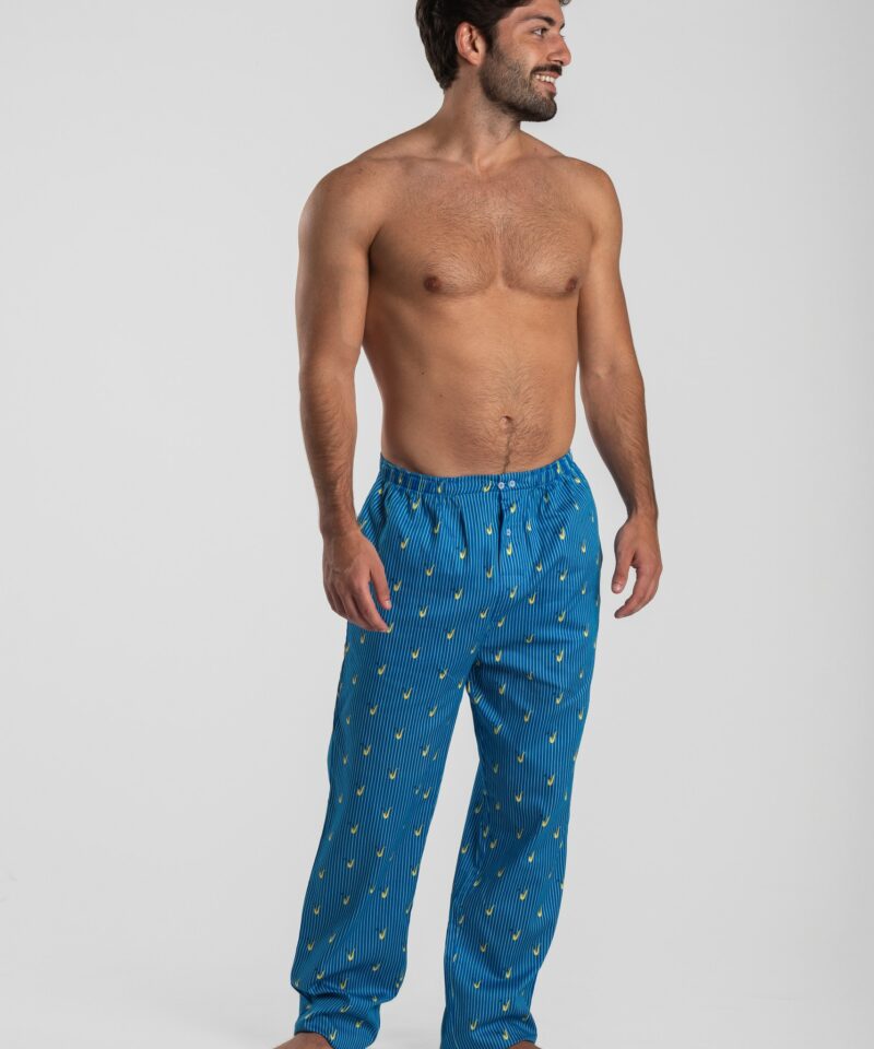 Pantalon de pyjama maitre renard saxophone bleu et jaune en satin de coton