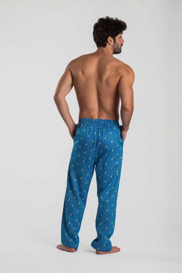 Pantalon de pyjama maitre renard saxophone bleu et jaune en satin de coton