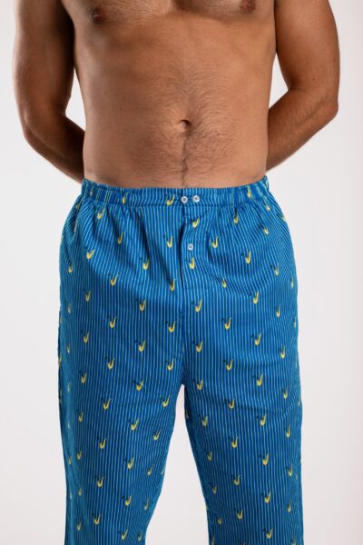 Pantalon de pyjama maitre renard saxophone bleu et jaune en satin de coton