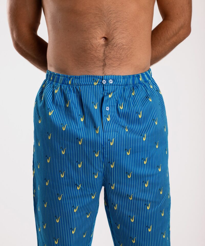 Pantalon de pyjama maitre renard saxophone bleu et jaune en satin de coton