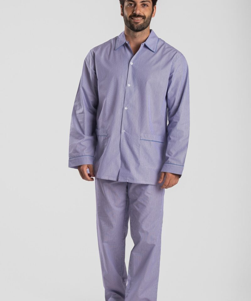 Pyjama homme deux pièces en popeline de coton rayure bleu motif Ars