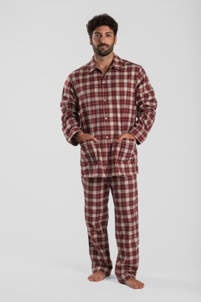 Pyjama homme deux pièces en pilou flanelle de coton carreaux rouge chaud et doux pour hiver motif verbier