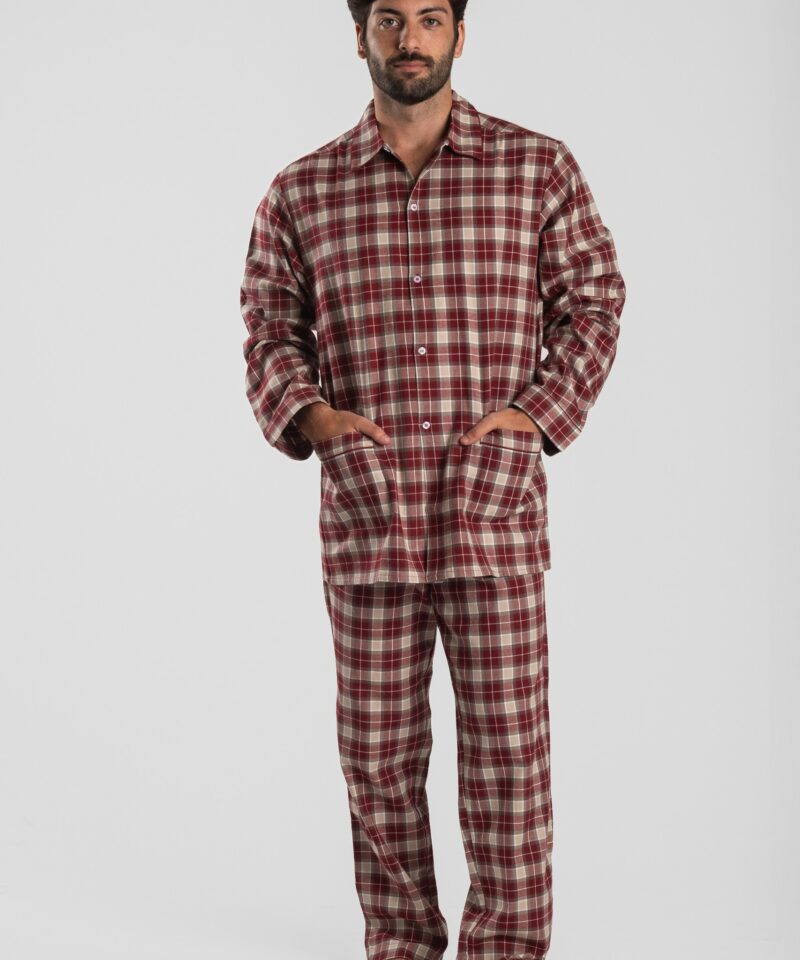 Pyjama homme deux pièces en pilou flanelle de coton carreaux rouge chaud et doux pour hiver motif verbier