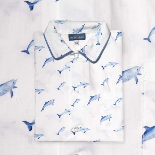 Pyjama court garçon deux pièces chemise et short en coton motif Dauphins.