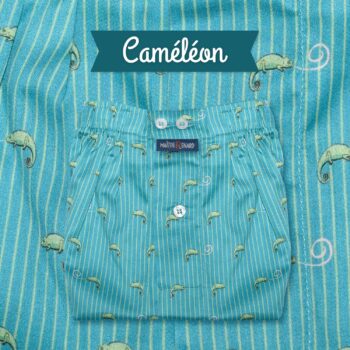 Caleçon bleu à motifs caméléons, satin doux.