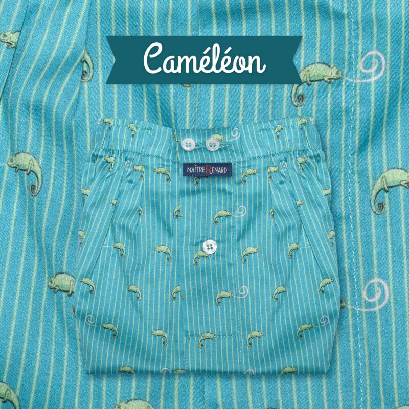 Caleçon bleu à motifs caméléons, satin doux.