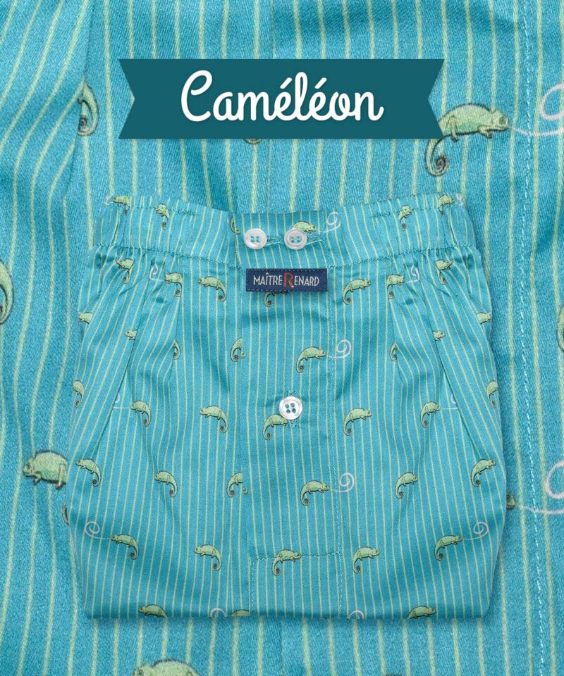 Caleçon bleu à motifs caméléons, satin doux.