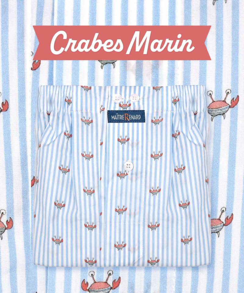 caleçon homme classique coupe française coton fabriqué au Portugal, motif crabes portant une marinière
