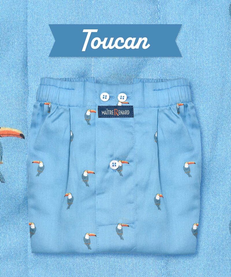 caleçon homme classique coupe française coton fabriqué au portugal motif exotique toucan oiseaux fond bleu